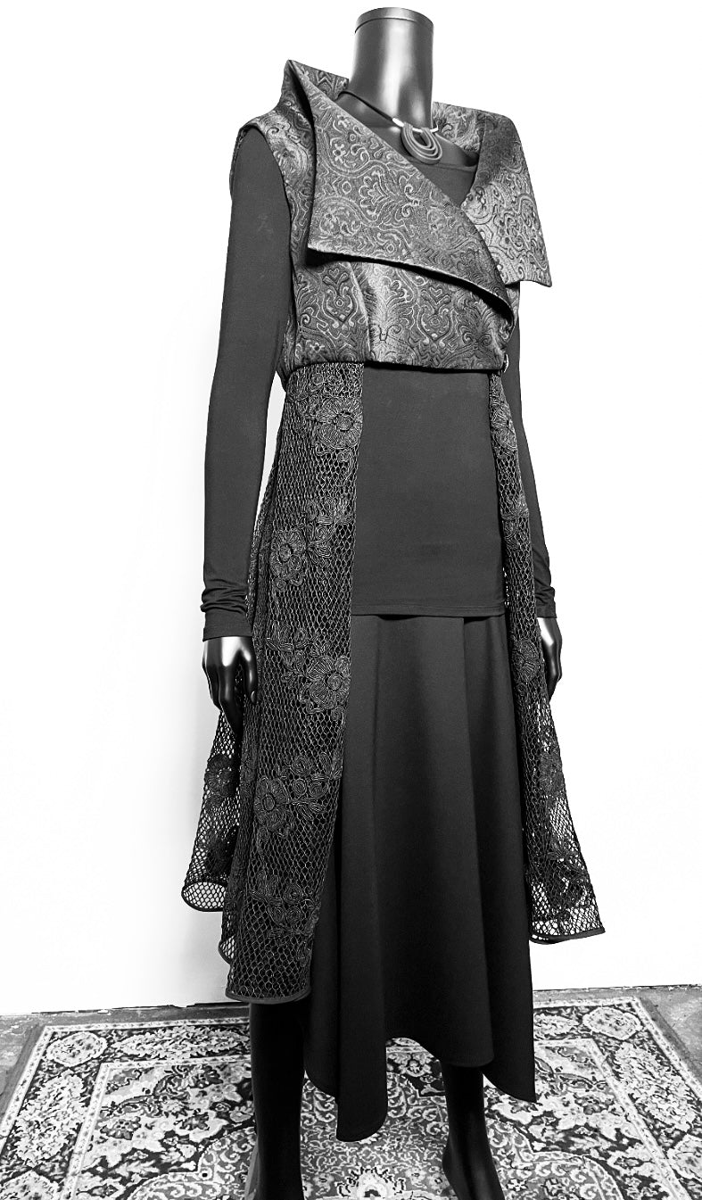 One Of A Kind Longline Vest And Obi Belt Set - Black Jacquard And Corded Mesh Lace