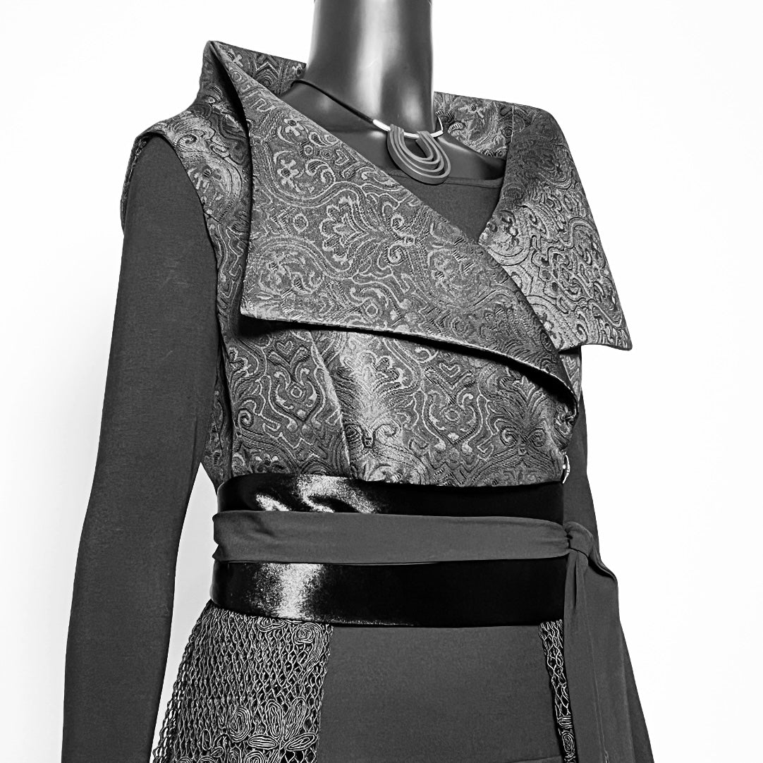 One Of A Kind Longline Vest And Obi Belt Set - Black Jacquard And Corded Mesh Lace