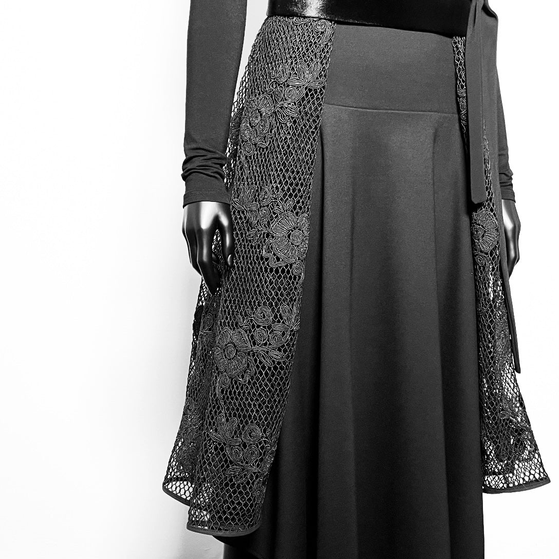 One Of A Kind Longline Vest And Obi Belt Set - Black Jacquard And Corded Mesh Lace