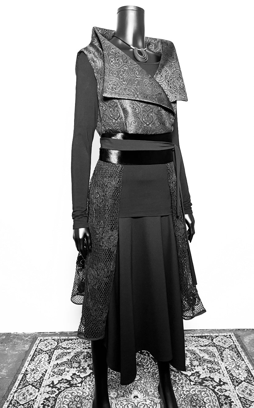 One Of A Kind Longline Vest And Obi Belt Set - Black Jacquard And Corded Mesh Lace