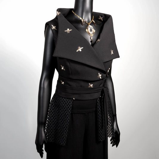 Black vest with embroidered bees and mesh lace obi belt Melbourne made clothing Eloise the label