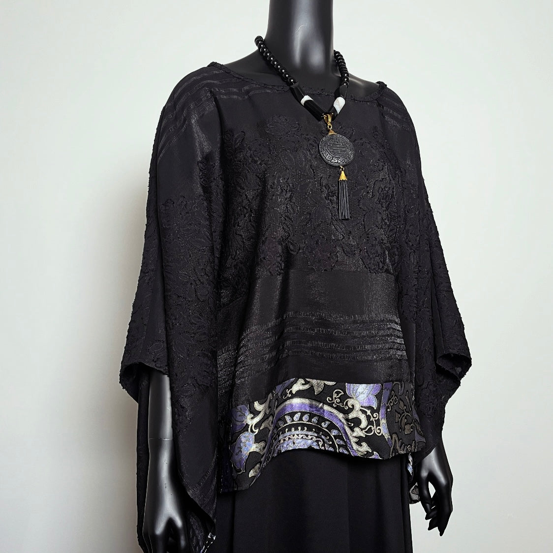 One Of A Kind Top - Soft Draping Black Jacquard with Purple Floral Trim