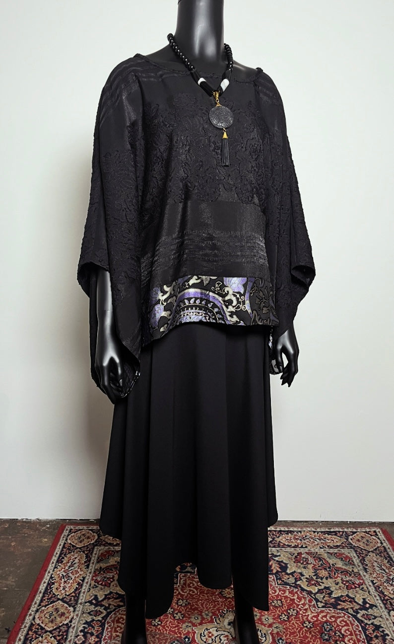 One Of A Kind Top - Soft Draping Black Jacquard with Purple Floral Trim
