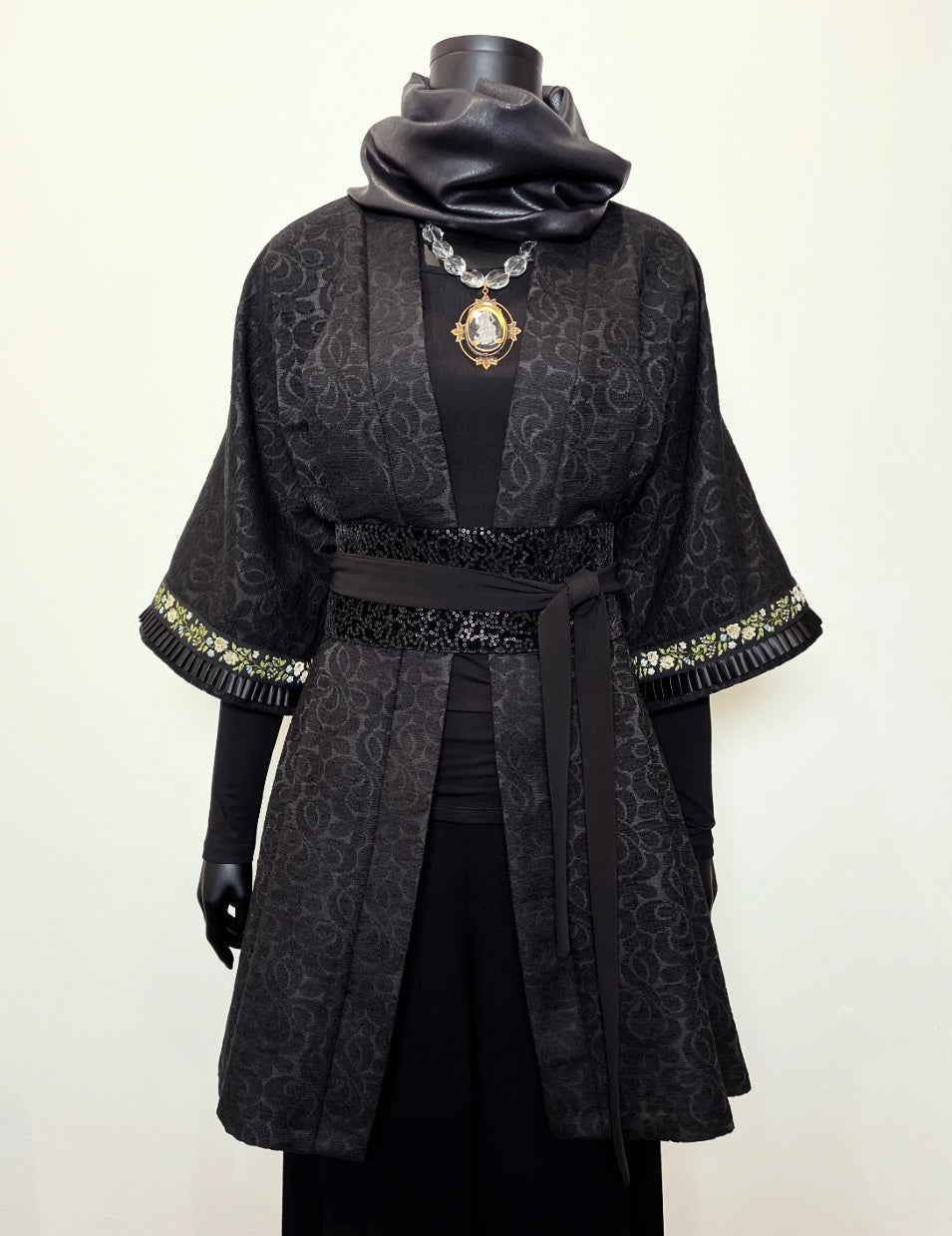 Swing Coat - Black Jacquard With Sleeve Pleat Trim - One Of A Kind