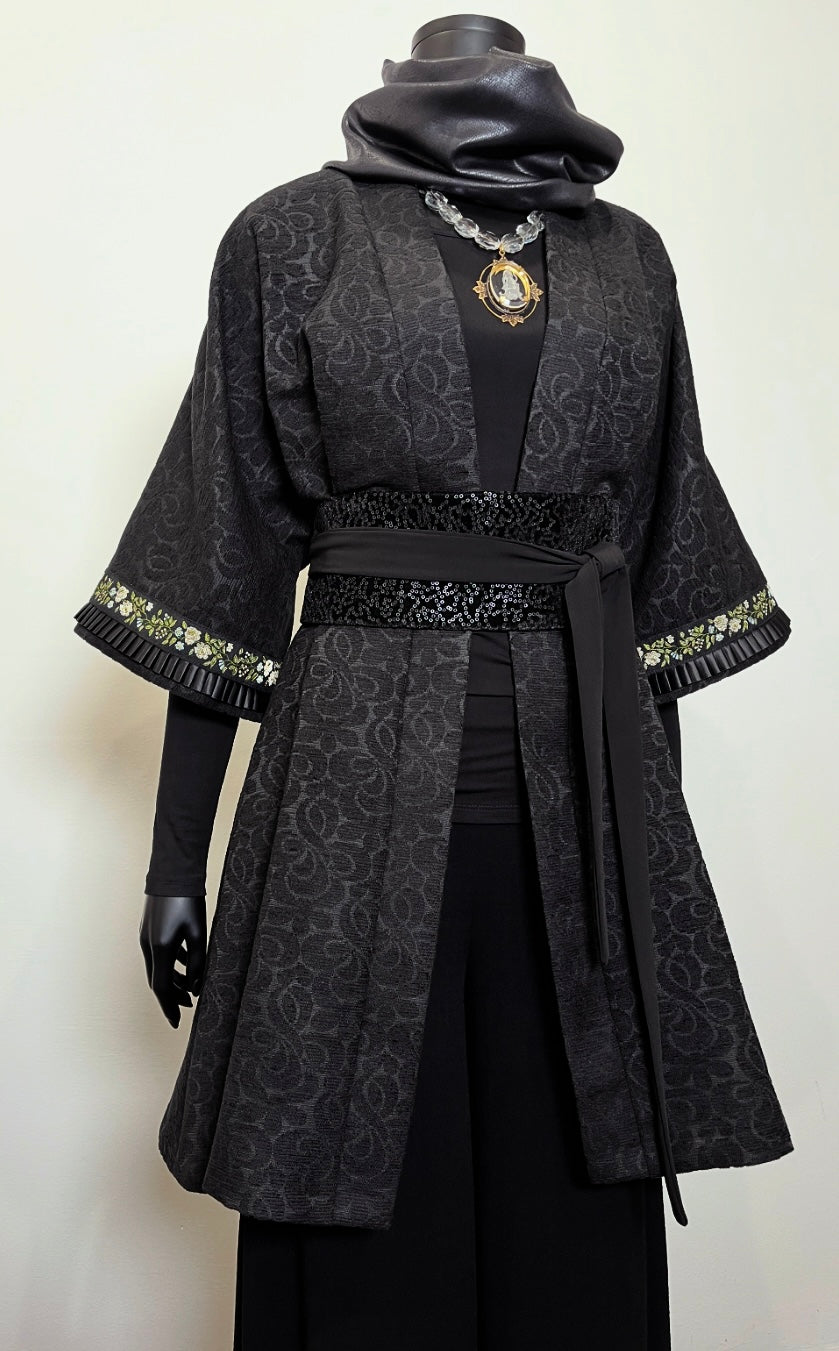 black jacquard evening swing coat with obi belt and scarf