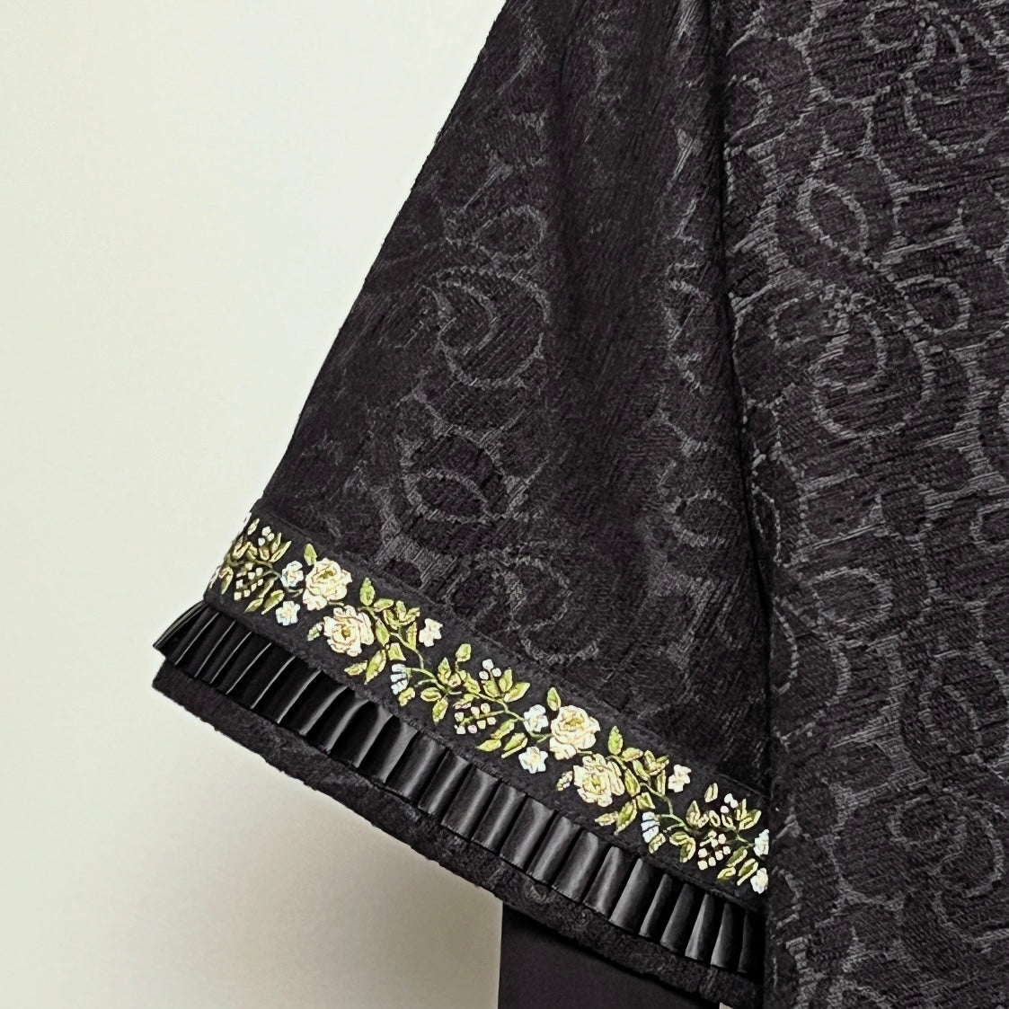 Swing Coat - Black Jacquard With Sleeve Pleat Trim - One Of A Kind