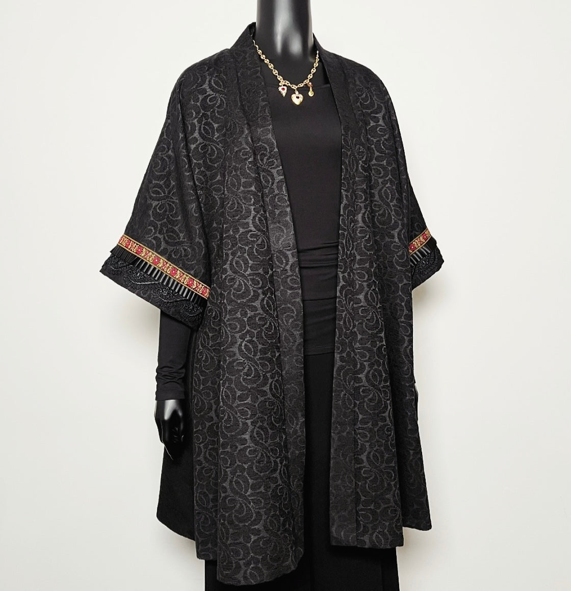 black jacquard kimono style swing coat evening jacket