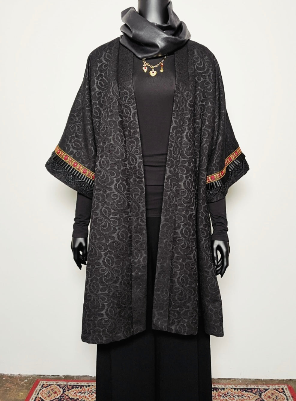 black jacquard kimono style swing coat evening jacket