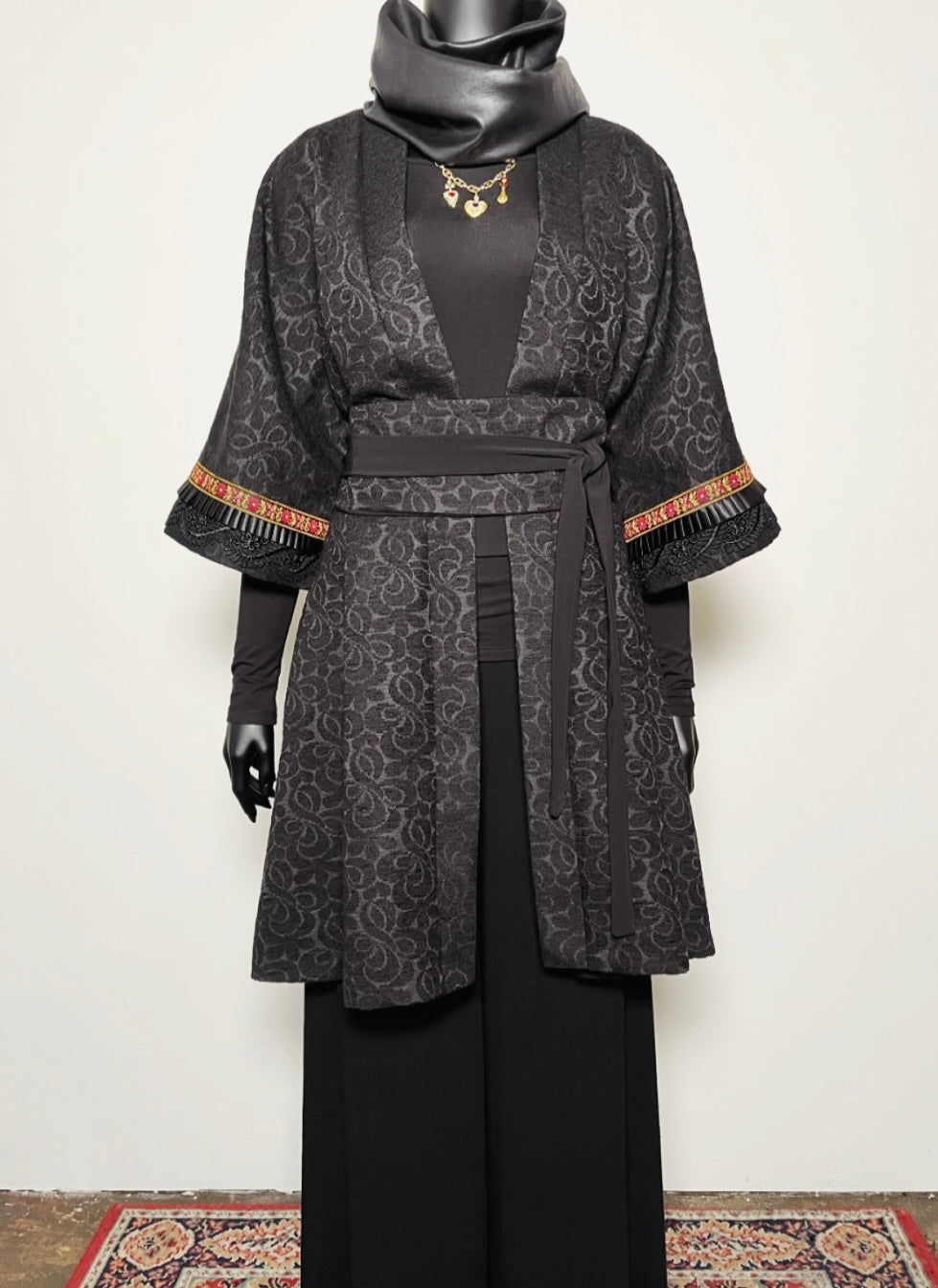 black jacquard kimono style swing coat evening jacket with obi belt