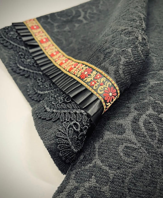 black jacquard evening swing coat with lace braid and pleat trim
