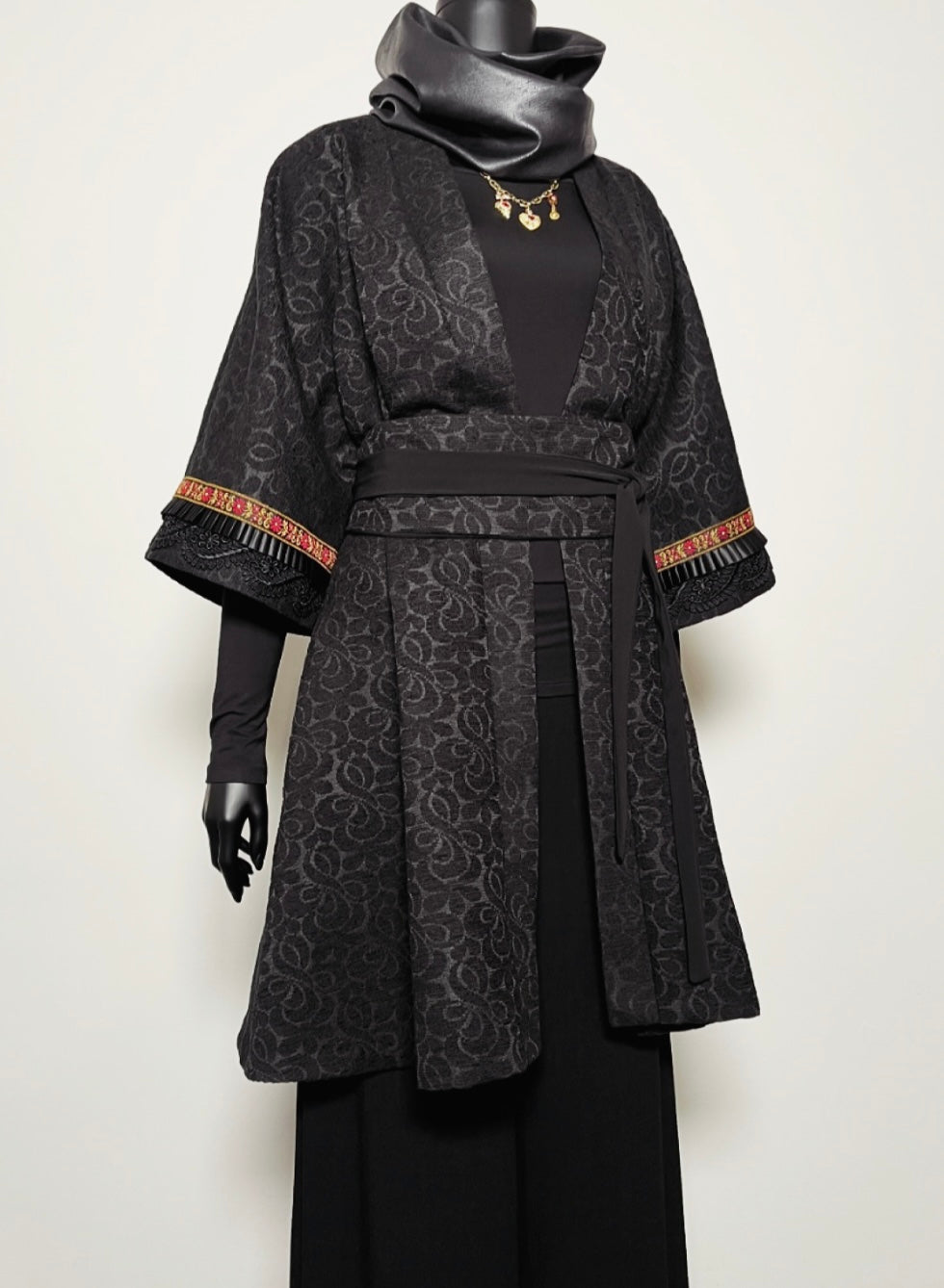 black jacquard kimono style swing coat evening jacket with obi belt