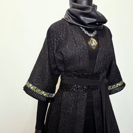 black jacquard evening coat and obi belt