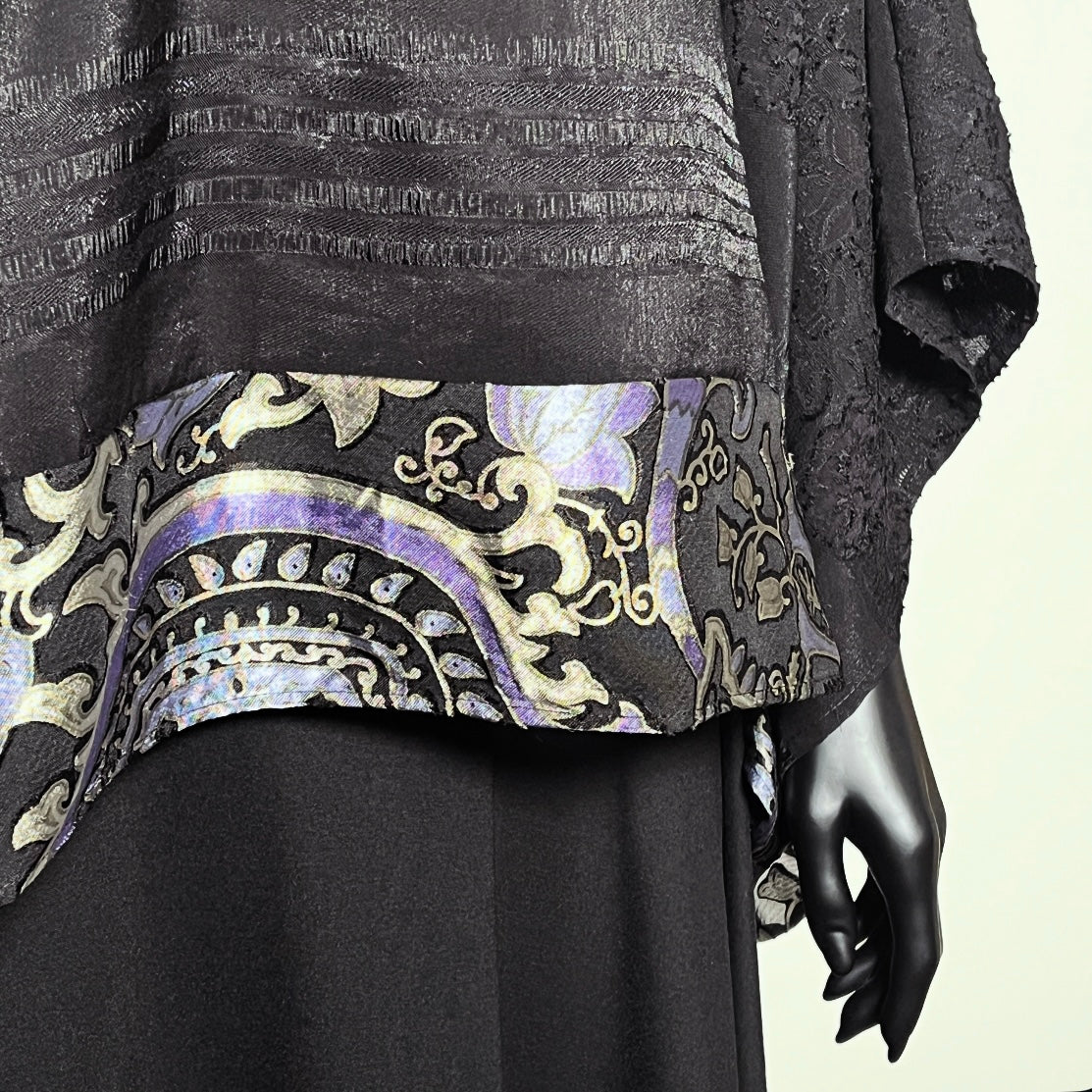 One Of A Kind Top - Soft Draping Black Jacquard with Purple Floral Trim