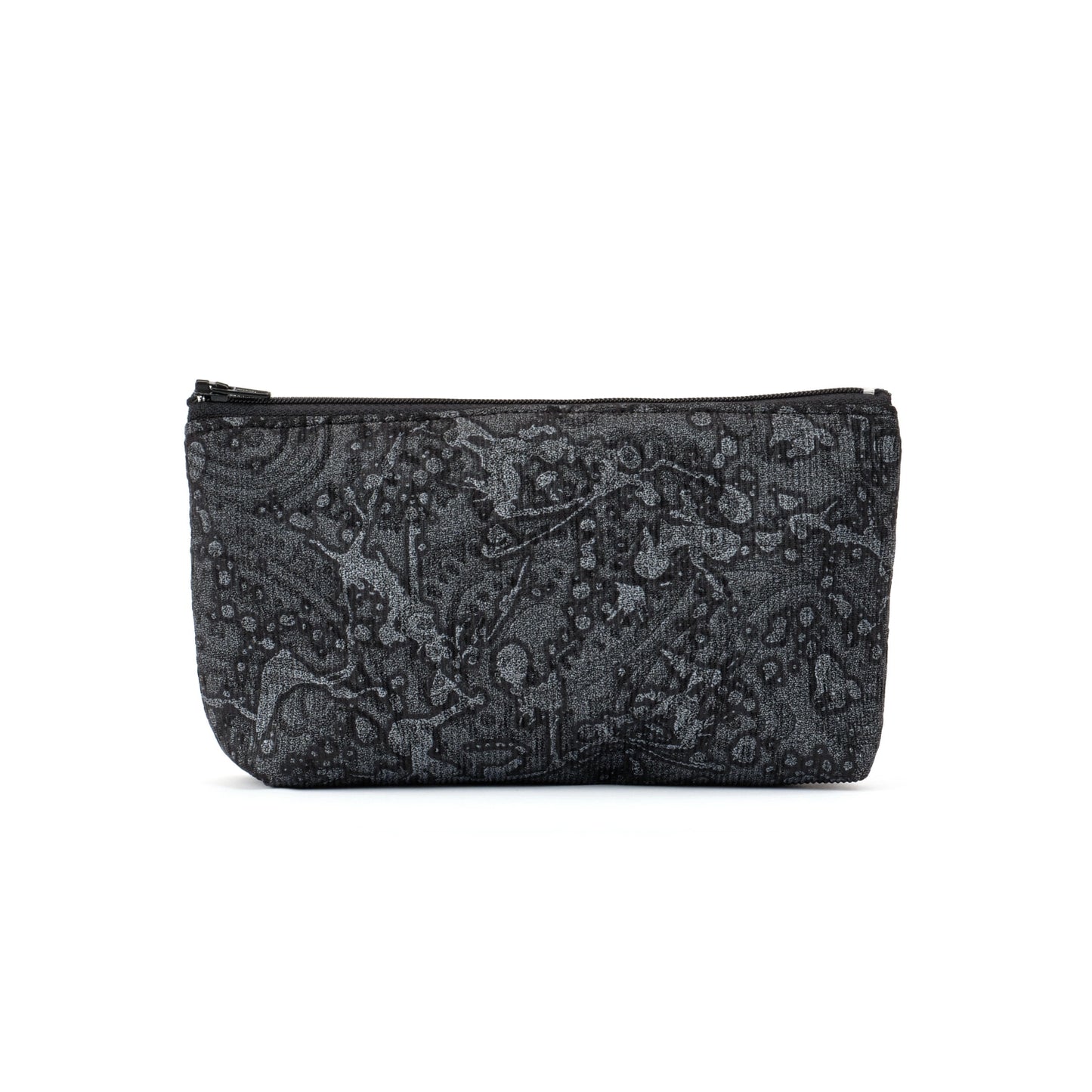 zip top purse in grey paisley ink splatter remnant fabric made In Melbourne Eloise the label