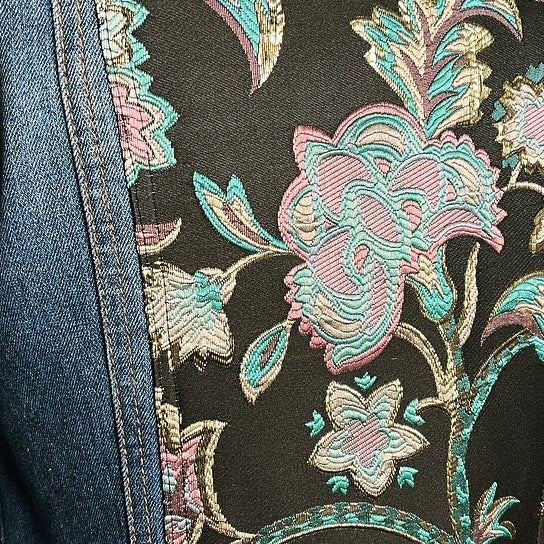 Upcycled denim jacket floral brocade sustainable fashion made in melbourne