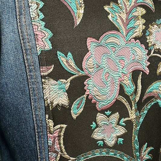 Upcycled denim jacket floral brocade sustainable fashion made in melbourne