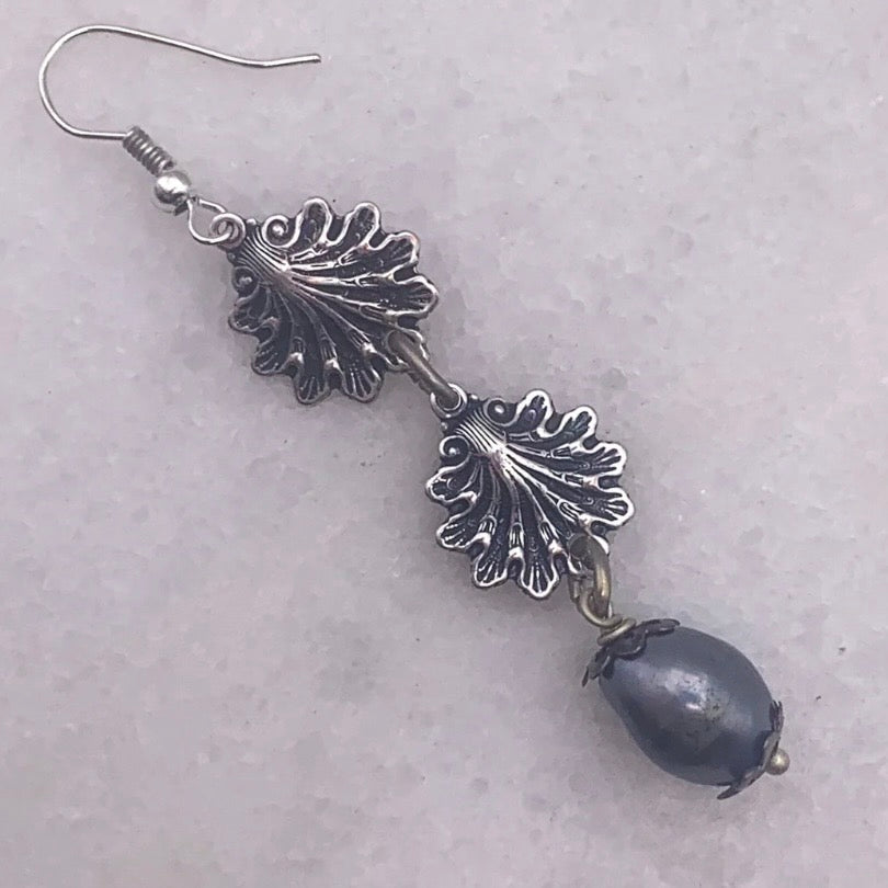 Sea Spary Earrings - Vintage Silver Shells With Baroque Pearl Drops