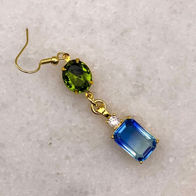 Sapphire blue and olive green crystal drop earrings Melbourne made Eloise the label