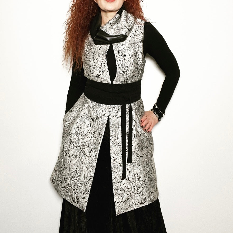 brocade vest obi belt womens vest ladies apparel stylish clothing metallic scales handmade in melbourne classy elegant clothing timeless pieces timeless clothing classic style unique clothing unique style ageless style luxe fabrics statement clothing statement style evening style clothing stand up collar luxe jacquard vest womens clothing made in australia one of a kind eloise the label