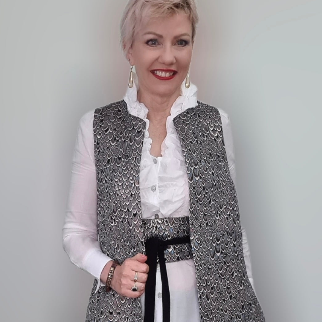 brocade vest womens vest ladies apparel stylish clothing metallic scales handmade in melbourne classy elegant clothing timeless pieces timeless clothing classic style unique clothing unique style ageless style luxe fabrics statement clothing statement style evening style clothing stand up collar luxe jacquard vest womens clothing made in australia one of a kind eloise the label