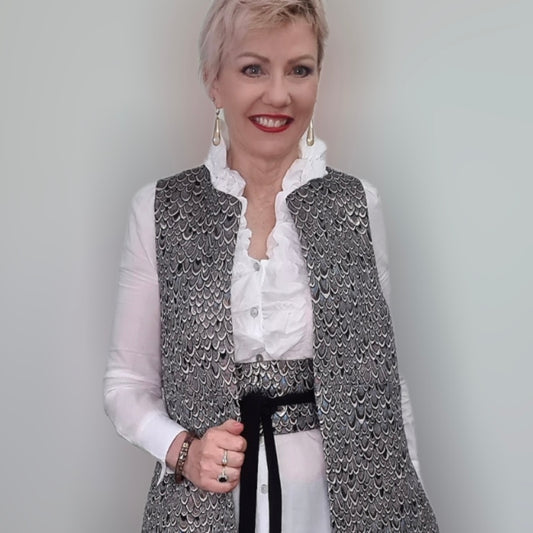 brocade vest womens vest ladies apparel stylish clothing metallic scales handmade in melbourne classy elegant clothing timeless pieces timeless clothing classic style unique clothing unique style ageless style luxe fabrics statement clothing statement style evening style clothing stand up collar luxe jacquard vest womens clothing made in australia one of a kind eloise the label