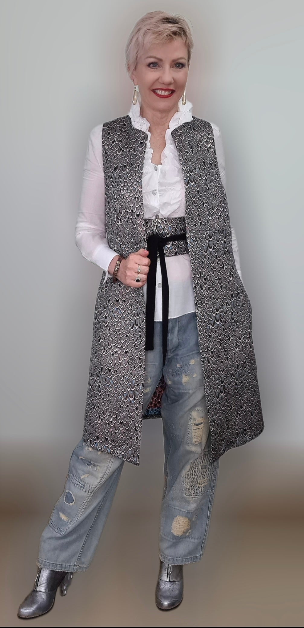 brocade vest womens vest ladies apparel stylish clothing metallic scales handmade in melbourne classy elegant clothing timeless pieces timeless clothing classic style unique clothing unique style ageless style luxe fabrics statement clothing statement style evening style clothing stand up collar luxe jacquard vest womens clothing made in australia one of a kind eloise the label