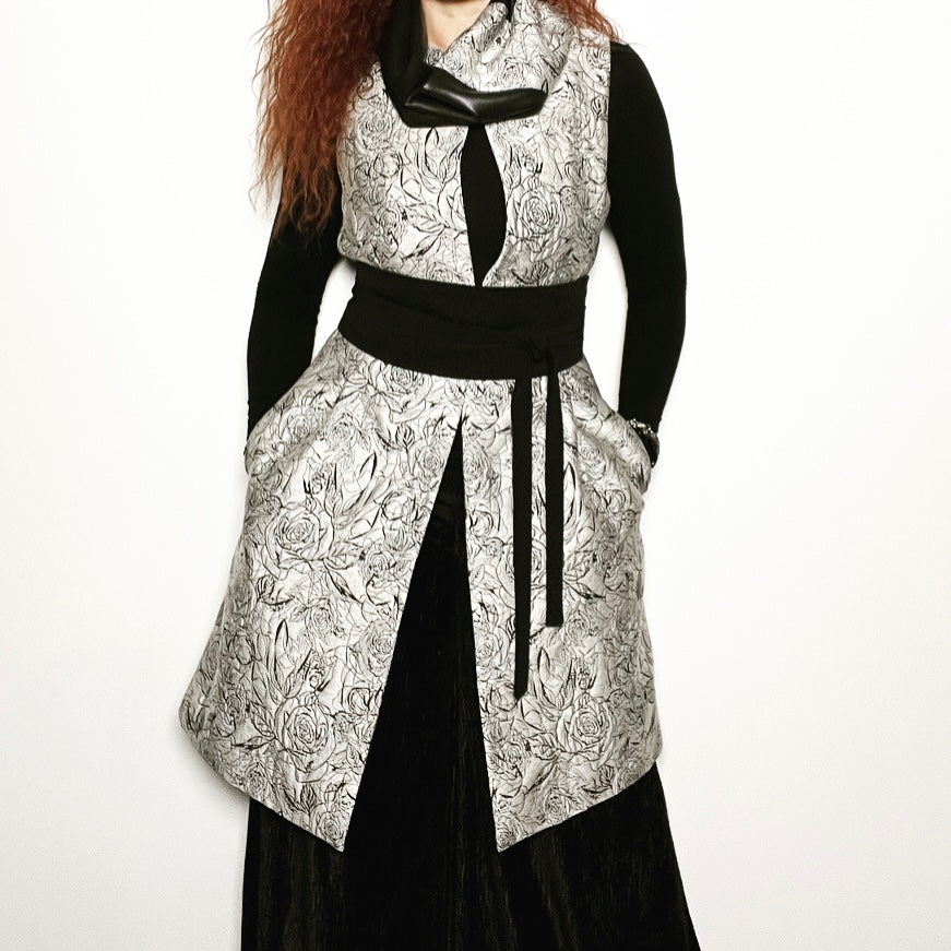 brocade vest obi belt womens vest ladies apparel stylish clothing metallic scales handmade in melbourne classy elegant clothing timeless pieces timeless clothing classic style unique clothing unique style ageless style luxe fabrics statement clothing statement style evening style clothing stand up collar luxe jacquard vest womens clothing made in australia one of a kind eloise the label
