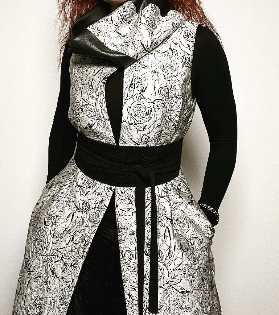 brocade vest obi belt womens vest ladies apparel stylish clothing metallic scales handmade in melbourne classy elegant clothing timeless pieces timeless clothing classic style unique clothing unique style ageless style luxe fabrics statement clothing statement style evening style clothing stand up collar luxe jacquard vest womens clothing made in australia one of a kind eloise the label