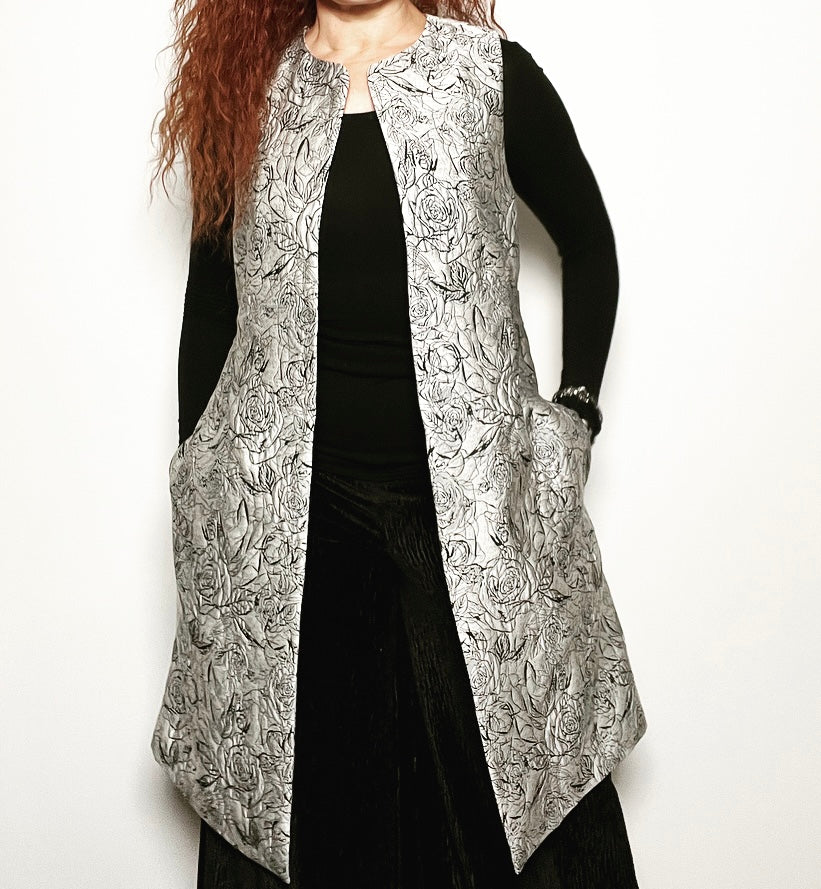 brocade vest obi belt womens vest ladies apparel stylish clothing metallic scales handmade in melbourne classy elegant clothing timeless pieces timeless clothing classic style unique clothing unique style ageless style luxe fabrics statement clothing statement style evening style clothing stand up collar luxe jacquard vest womens clothing made in australia one of a kind eloise the label