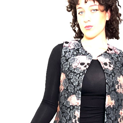 skulls and roses pink brocade vest womens vest ladies apparel stylish clothing metallic scales handmade in melbourne classy elegant clothing timeless pieces timeless clothing classic style unique clothing unique style ageless style luxe fabrics statement clothing statement style evening style clothing stand up collar luxe jacquard vest womens clothing made in australia one of a kind eloise the label