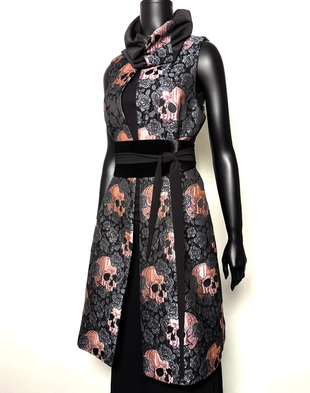 skulls and roses pink brocade vest womens vest ladies apparel stylish clothing metallic scales handmade in melbourne classy elegant clothing timeless pieces timeless clothing classic style unique clothing unique style ageless style luxe fabrics statement clothing statement style evening style clothing stand up collar luxe jacquard vest womens clothing made in australia one of a kind eloise the label
