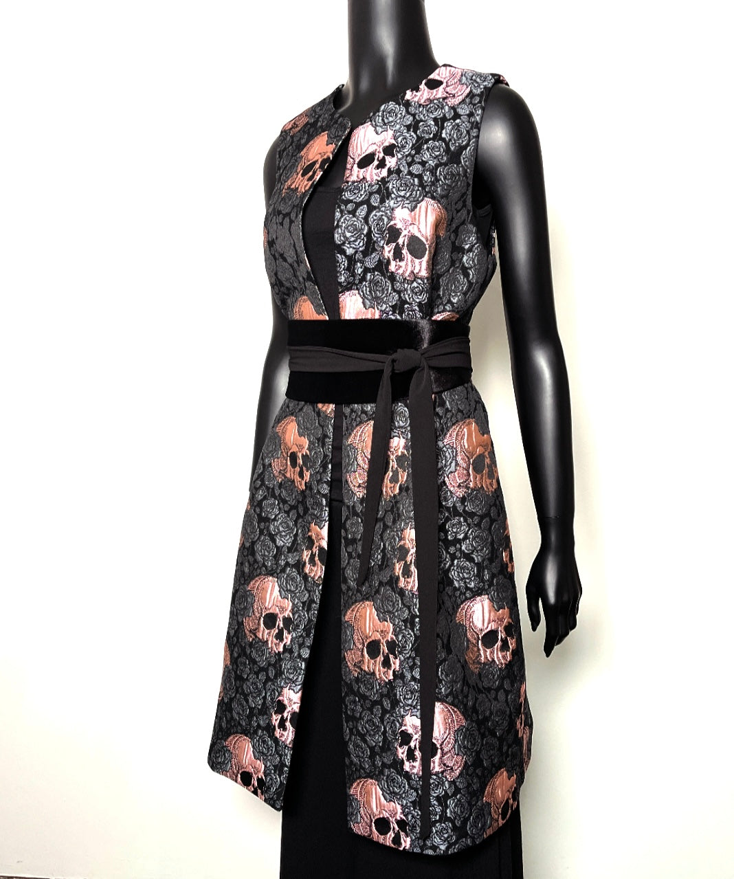 skulls and roses pink brocade vest womens vest ladies apparel stylish clothing metallic scales handmade in melbourne classy elegant clothing timeless pieces timeless clothing classic style unique clothing unique style ageless style luxe fabrics statement clothing statement style evening style clothing stand up collar luxe jacquard vest womens clothing made in australia one of a kind eloise the label