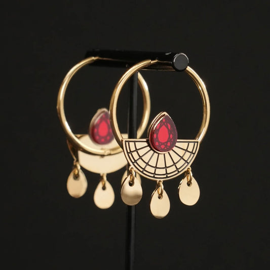 Sunburst Hoop Earrings - Gold and Ruby