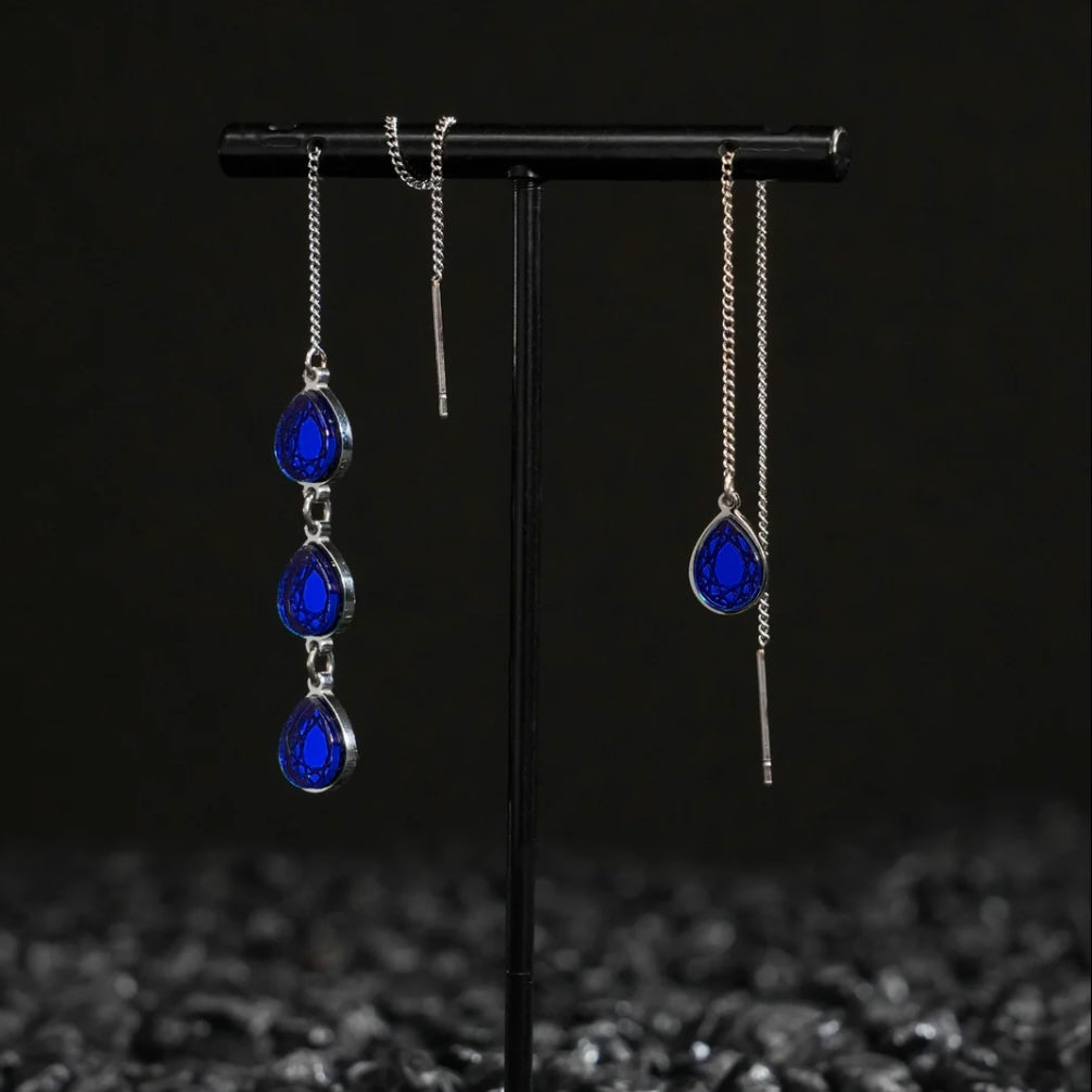 Mismatched Threader Earrings - Silver and Blue