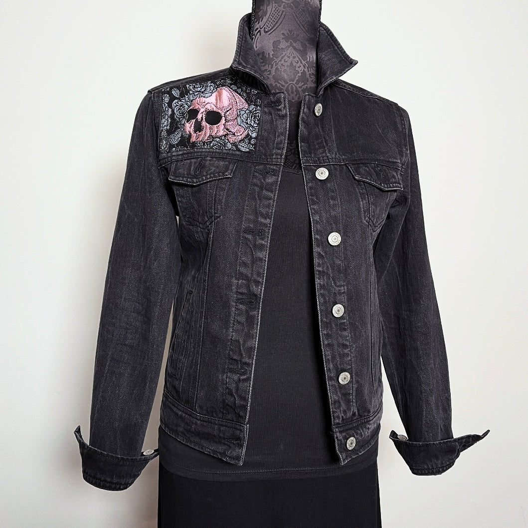 Upcycled black denim jacket skulls and roses pink sustainable fashion made in melbourne