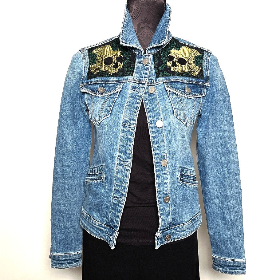 Upcycled denim jacket skulls and roses sustainable fashion made in melbourne
