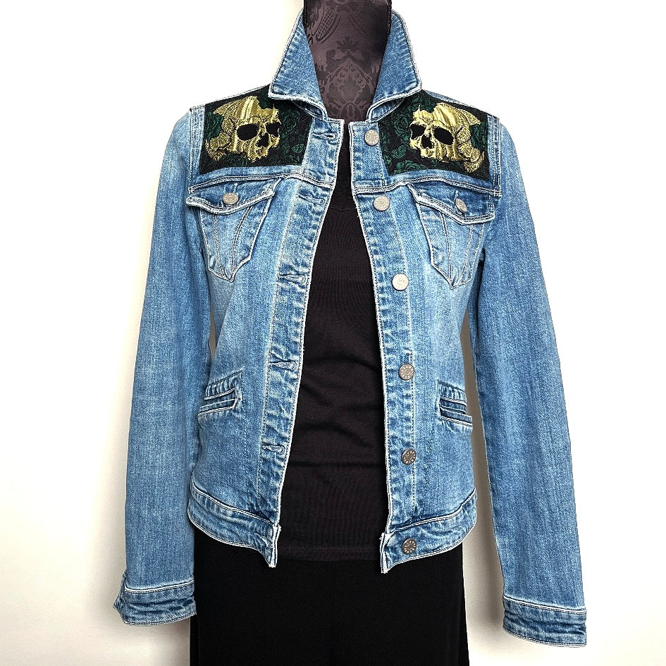 Upcycled denim jacket skulls and roses sustainable fashion made in melbourne