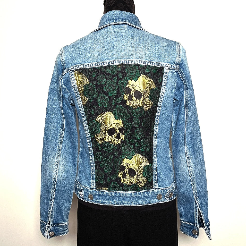 Upcycled denim jacket skulls and roses sustainable fashion made in melbourne