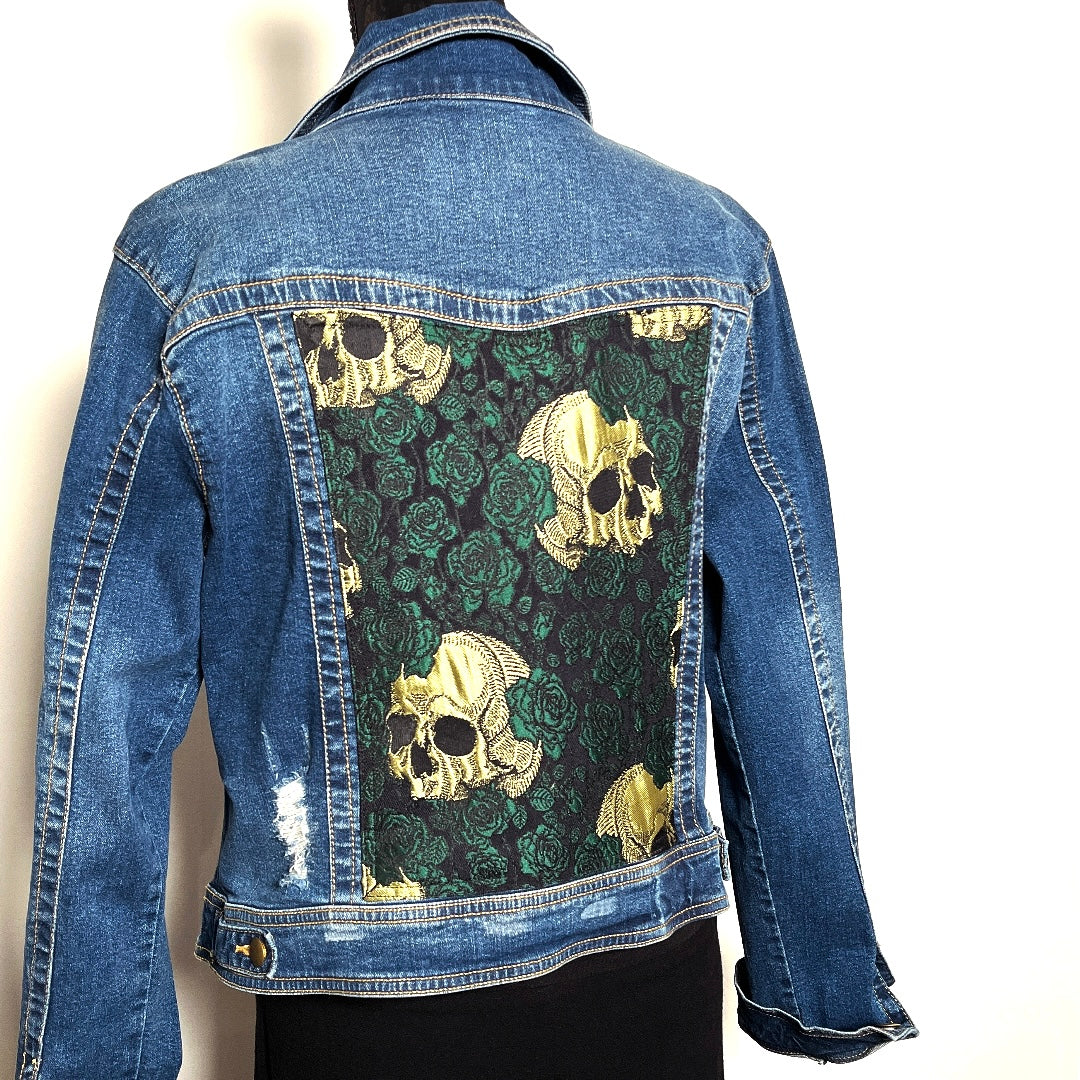 Upcycled denim jacket skulls and roses sustainable fashion made in melbourne