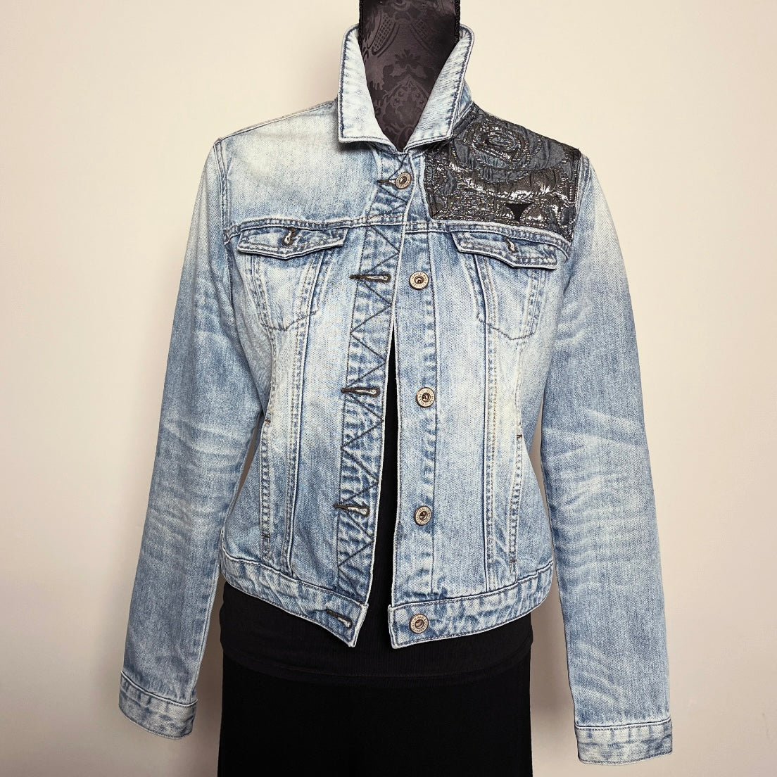 Upcycled denim jacket silver blue floral brocade sustainable fashion made in melbourne