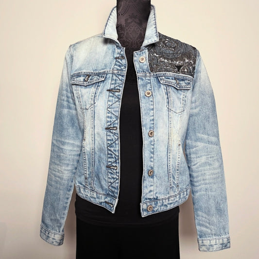 Upcycled denim jacket silver blue floral brocade sustainable fashion made in melbourne