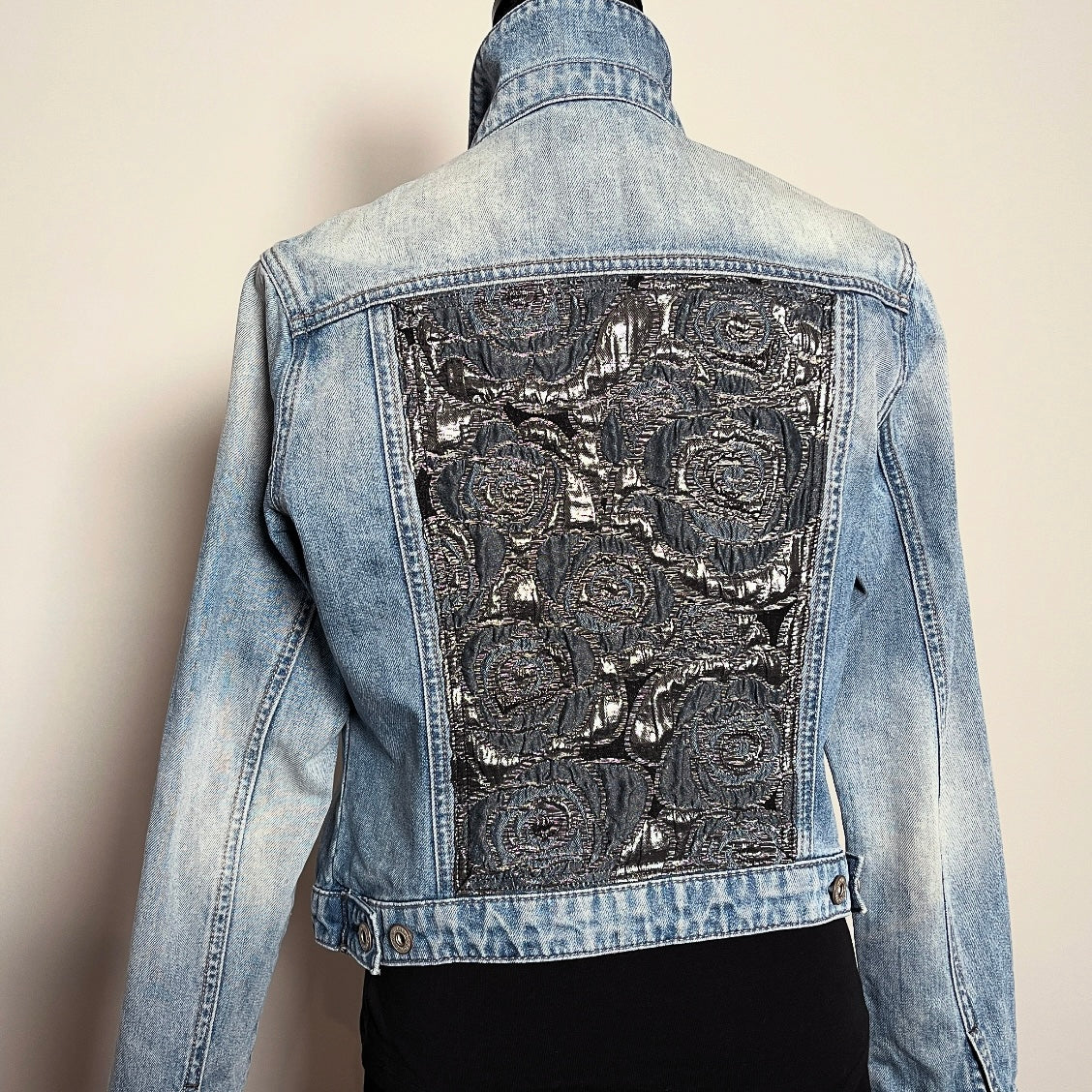 Upcycled denim jacket silver blue floral brocade sustainable fashion made in melbourne