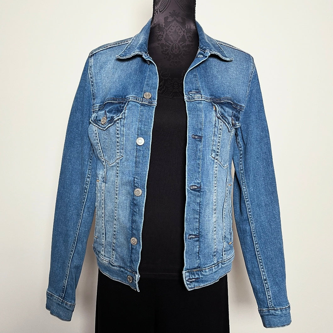 Upcycled blue denim jacket with skulls and roses in pink sustainable fashion melbourne made