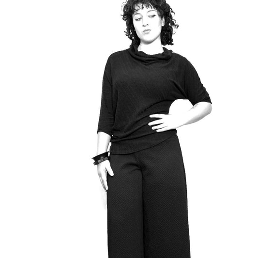 wide leg pant black stretch jacquard ladies apparel high waisted pant stylish clothing handmade in melbourne classy elegant clothing timeless clothing classic style unique clothing unique style ageless style luxe fabrics statement clothing statement style evening style clothing womens clothing made in australia eloise the label