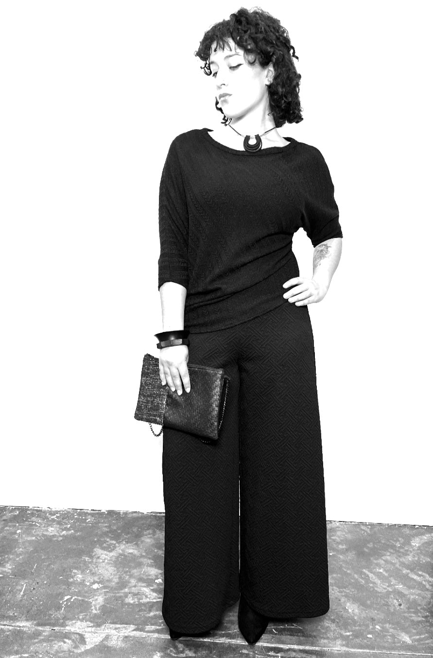 wide leg pant black stretch jacquard ladies apparel high waisted pant stylish clothing handmade in melbourne classy elegant clothing timeless clothing classic style unique clothing unique style ageless style luxe fabrics statement clothing statement style evening style clothing womens clothing made in australia eloise the label