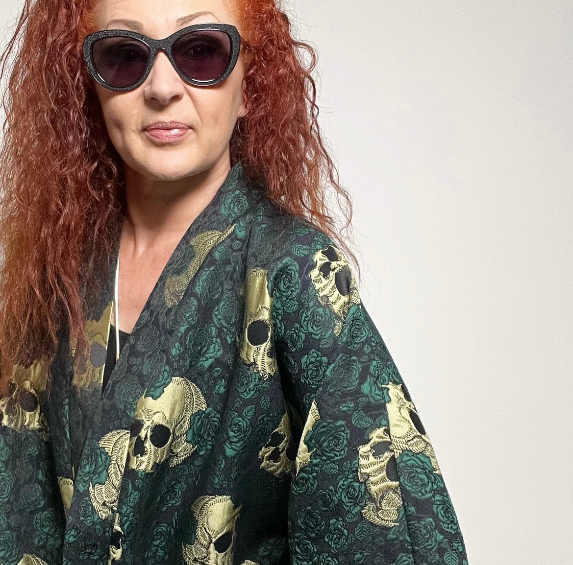 skulls and roses jacket jacquard evening coat one of a kind womens jacket swing coat ladies clothing stylish clothing handmade in melbourne classy elegant clothing timeless pieces timeless clothing classic style unique clothing unique style ageless style luxe fabrics statement clothing statement style evening style clothing womens clothing made in australia eloise the label