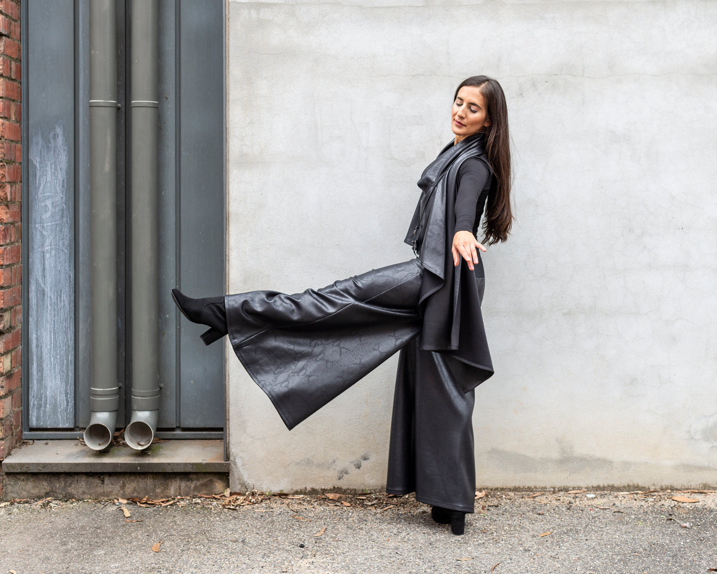 black faux leather wrap ladies apparel stylish clothing handmade in melbourne classy elegant clothing timeless pieces timeless clothing classic style unique clothing unique style ageless style luxe fabrics statement clothing statement style evening style clothing black womens clothing made in australia eloise the label