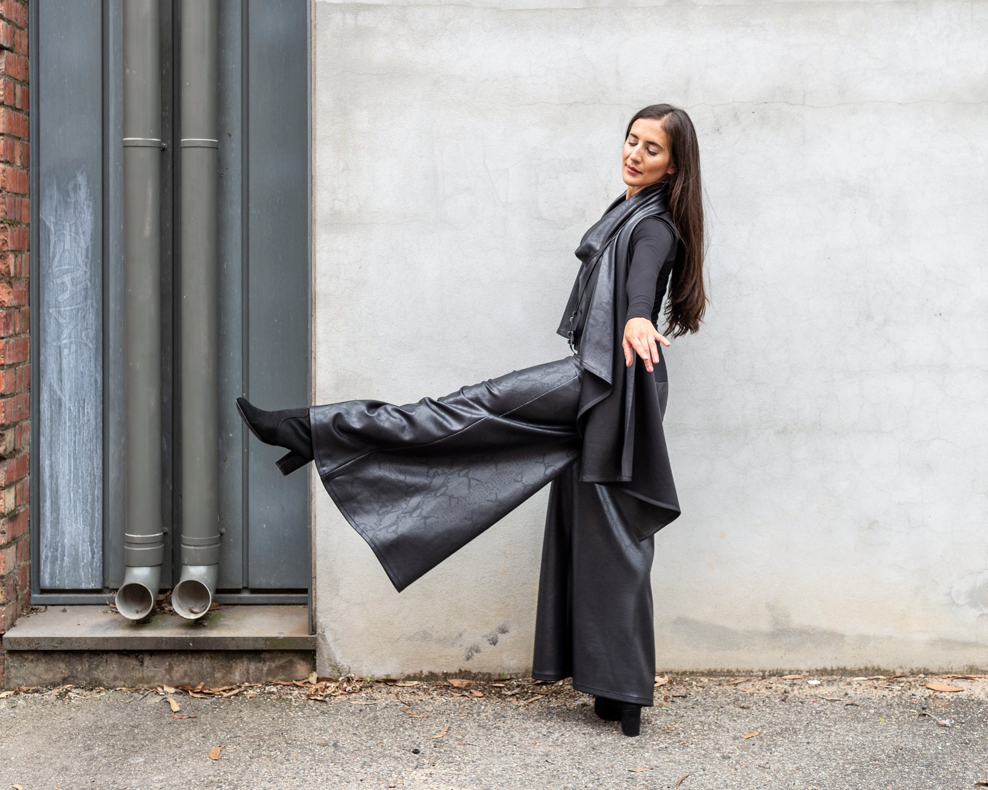 black faux leather wrap ladies apparel stylish clothing handmade in melbourne classy elegant clothing timeless pieces timeless clothing classic style unique clothing unique style ageless style luxe fabrics statement clothing statement style evening style clothing black womens clothing made in australia eloise the label