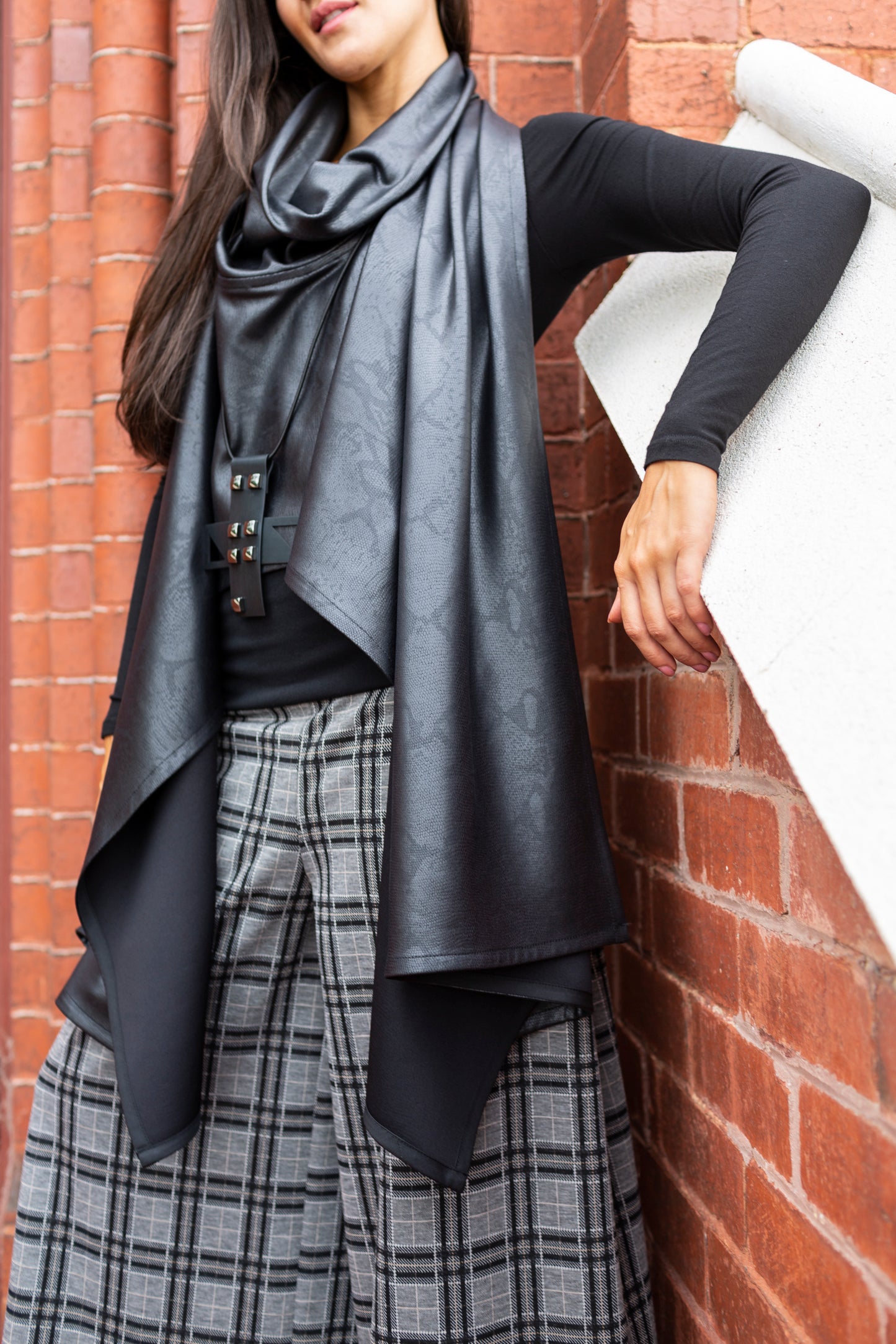 black faux leather wrap ladies apparel stylish clothing handmade in melbourne classy elegant clothing timeless pieces timeless clothing classic style unique clothing unique style ageless style luxe fabrics statement clothing statement style evening style clothing black womens clothing made in australia eloise the label