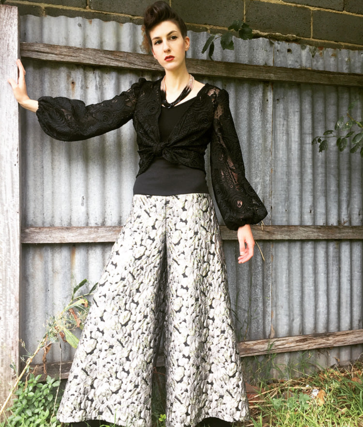 palazzo pant flare pant brocade pant ladies apparel high waisted pant stylish clothing handmade in melbourne classy elegant clothing timeless pieces timeless clothing classic style unique clothing unique style ageless style luxe fabrics statement clothing statement style evening style clothing womens clothing made in australia eloise the label
